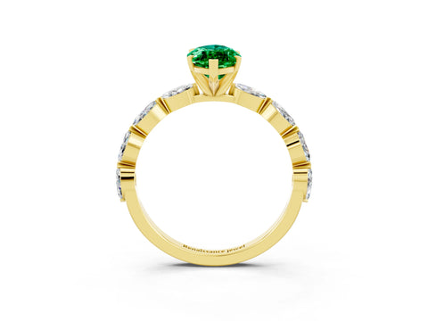 Yellow gold Marquise Cut Emerald Ring with Marquise Side Stones and Prong Setting_3