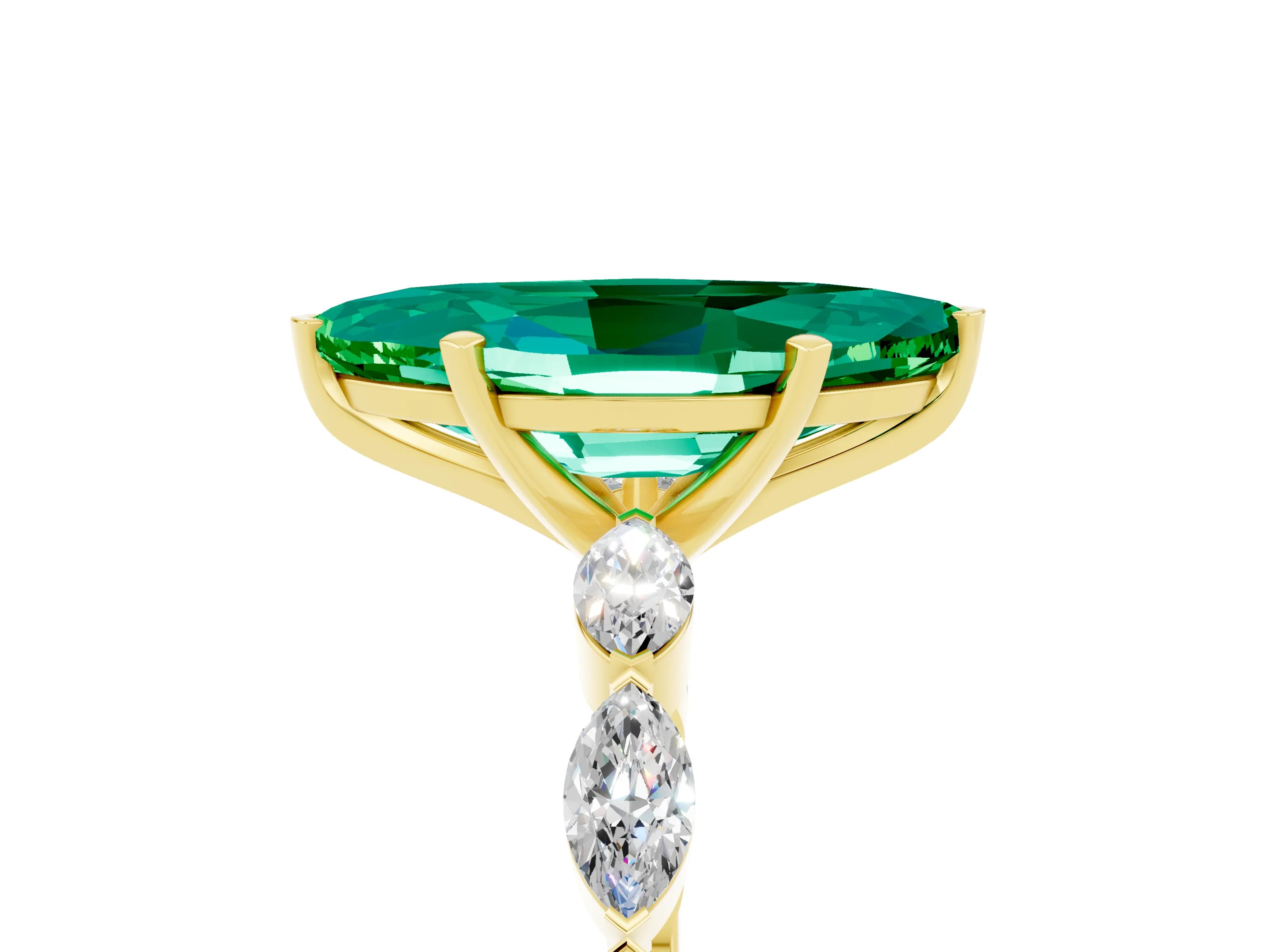 Yellow gold Marquise Cut Emerald Ring with Marquise Side Stones and Prong Setting_5