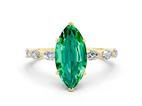 Yellow gold Marquise Cut Emerald Ring with Marquise Side Stones and Prong Setting