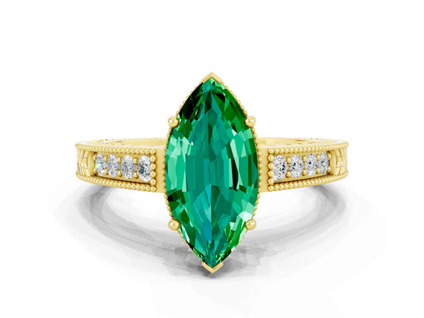 Yellow gold Marquise Cut Emerald Ring with Milgrain Pavé Band and Four-Prong Setting