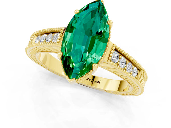 Yellow gold Marquise Cut Emerald Ring with Milgrain Pavé Band and Four-Prong Setting