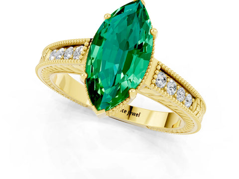 Yellow gold Marquise Cut Emerald Ring with Milgrain Pavé Band and Four-Prong Setting_13