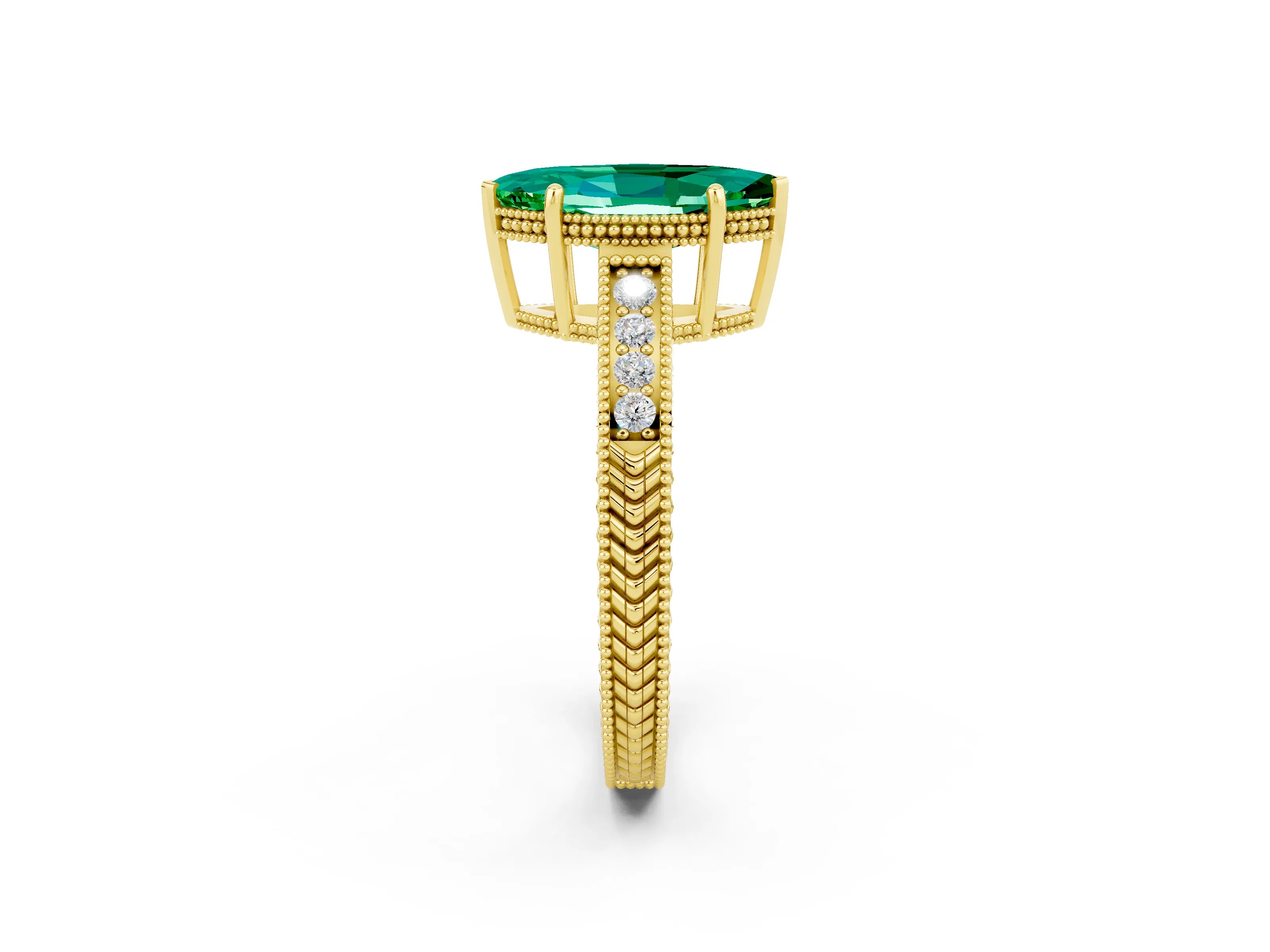 Yellow gold Marquise Cut Emerald Ring with Milgrain Pavé Band and Four-Prong Setting_14