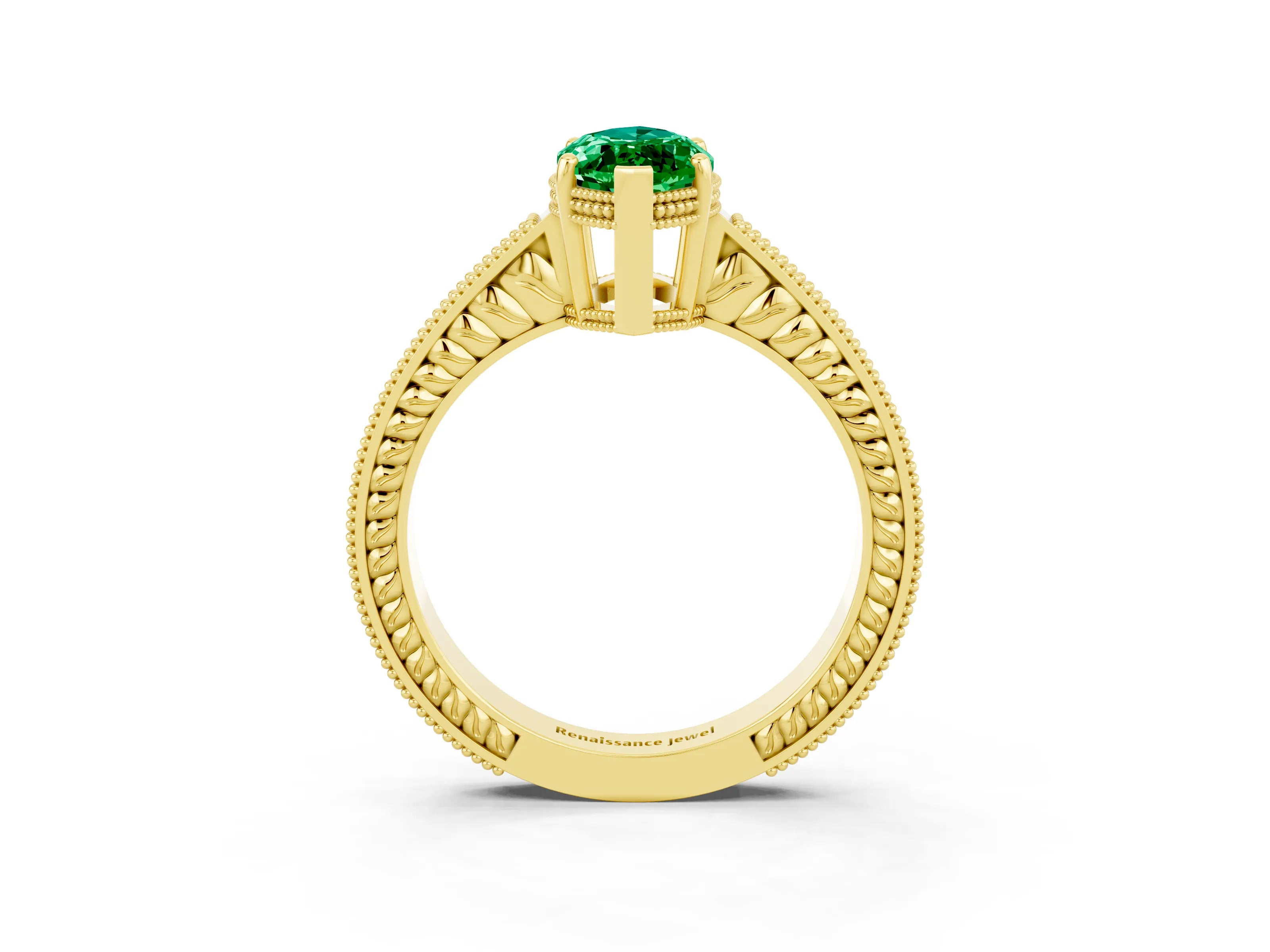 Yellow gold Marquise Cut Emerald Ring with Milgrain Pavé Band and Four-Prong Setting_15