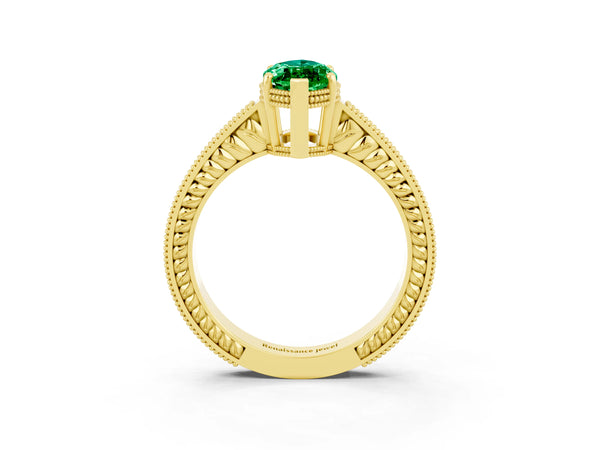 Yellow gold Marquise Cut Emerald Ring with Milgrain Pavé Band and Four-Prong Setting