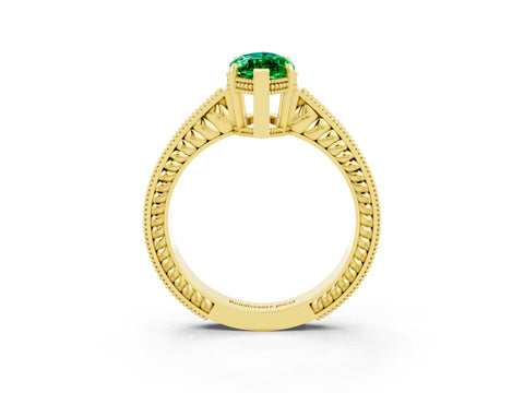Yellow gold Marquise Cut Emerald Ring with Milgrain Pavé Band and Four-Prong Setting_15