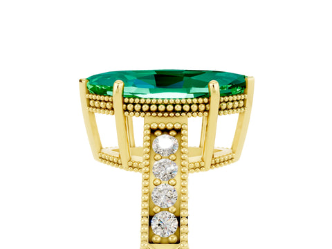 Yellow gold Marquise Cut Emerald Ring with Milgrain Pavé Band and Four-Prong Setting_17