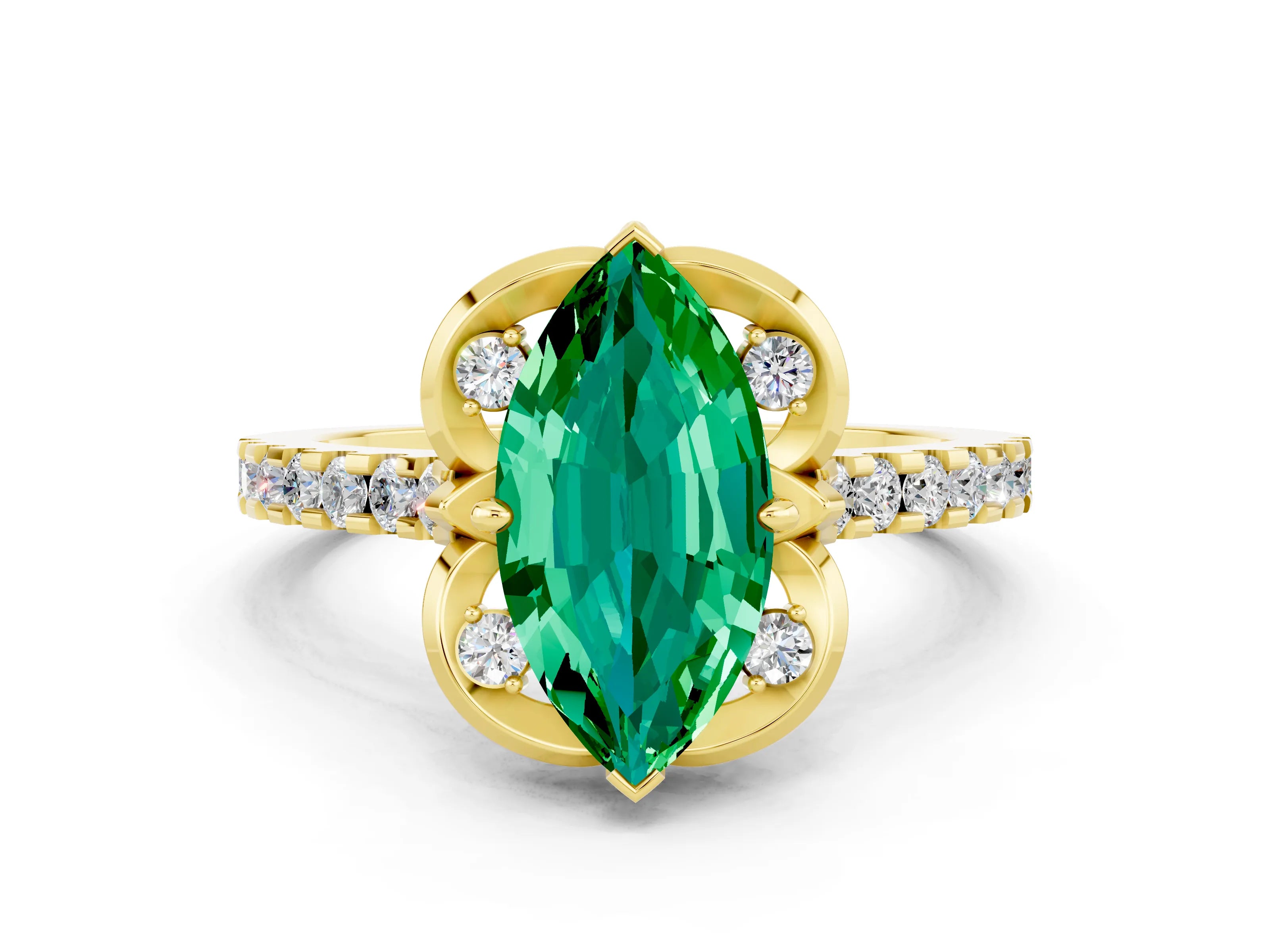 Yellow gold Marquise Cut Emerald Ring with Pavé Band and Floral Prong Setting