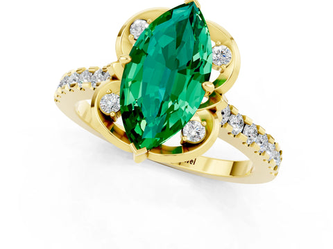 Yellow gold Marquise Cut Emerald Ring with Pavé Band and Floral Prong Setting_1