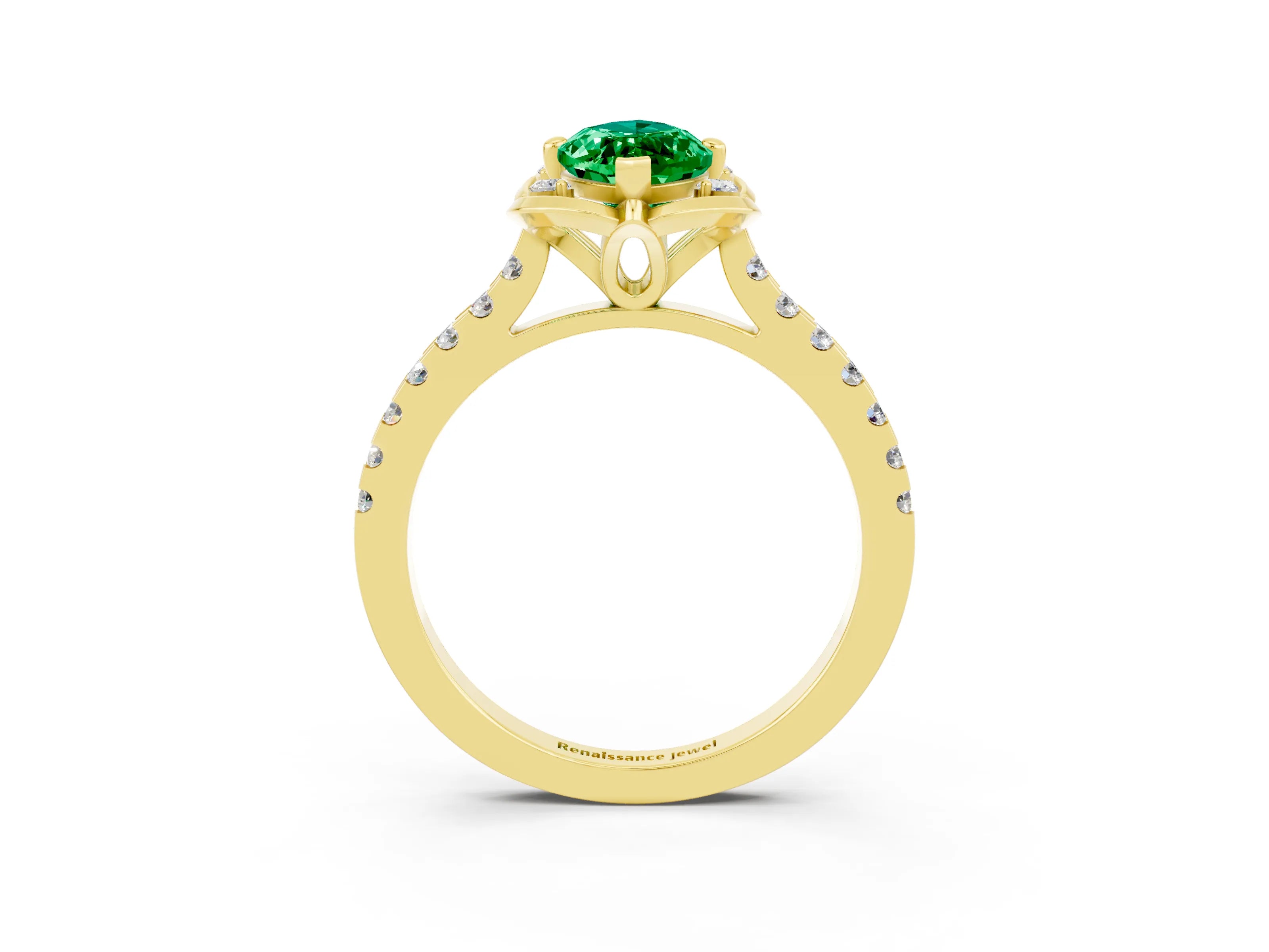 Yellow gold Marquise Cut Emerald Ring with Pavé Band and Floral Prong Setting_3
