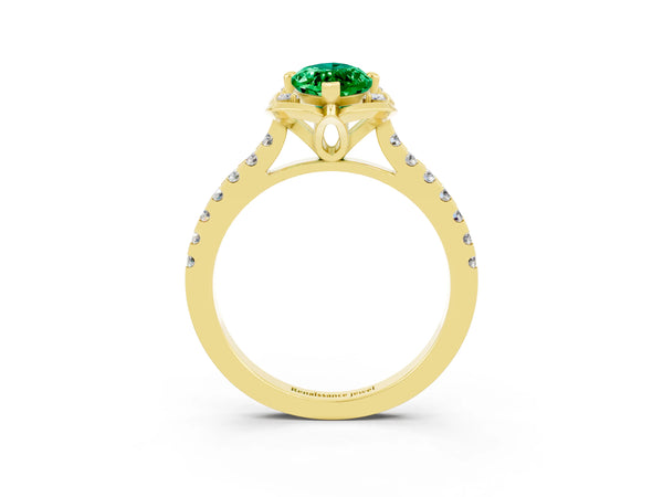 Yellow gold Marquise Cut Emerald Ring with Pavé Band and Floral Prong Setting