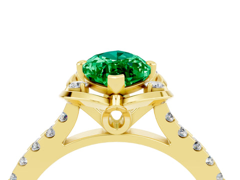 Yellow gold Marquise Cut Emerald Ring with Pavé Band and Floral Prong Setting_4