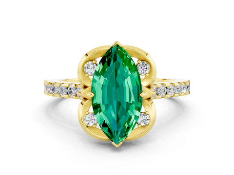 Yellow gold Marquise Cut Emerald Ring with Pavé Band and Floral Prong Setting