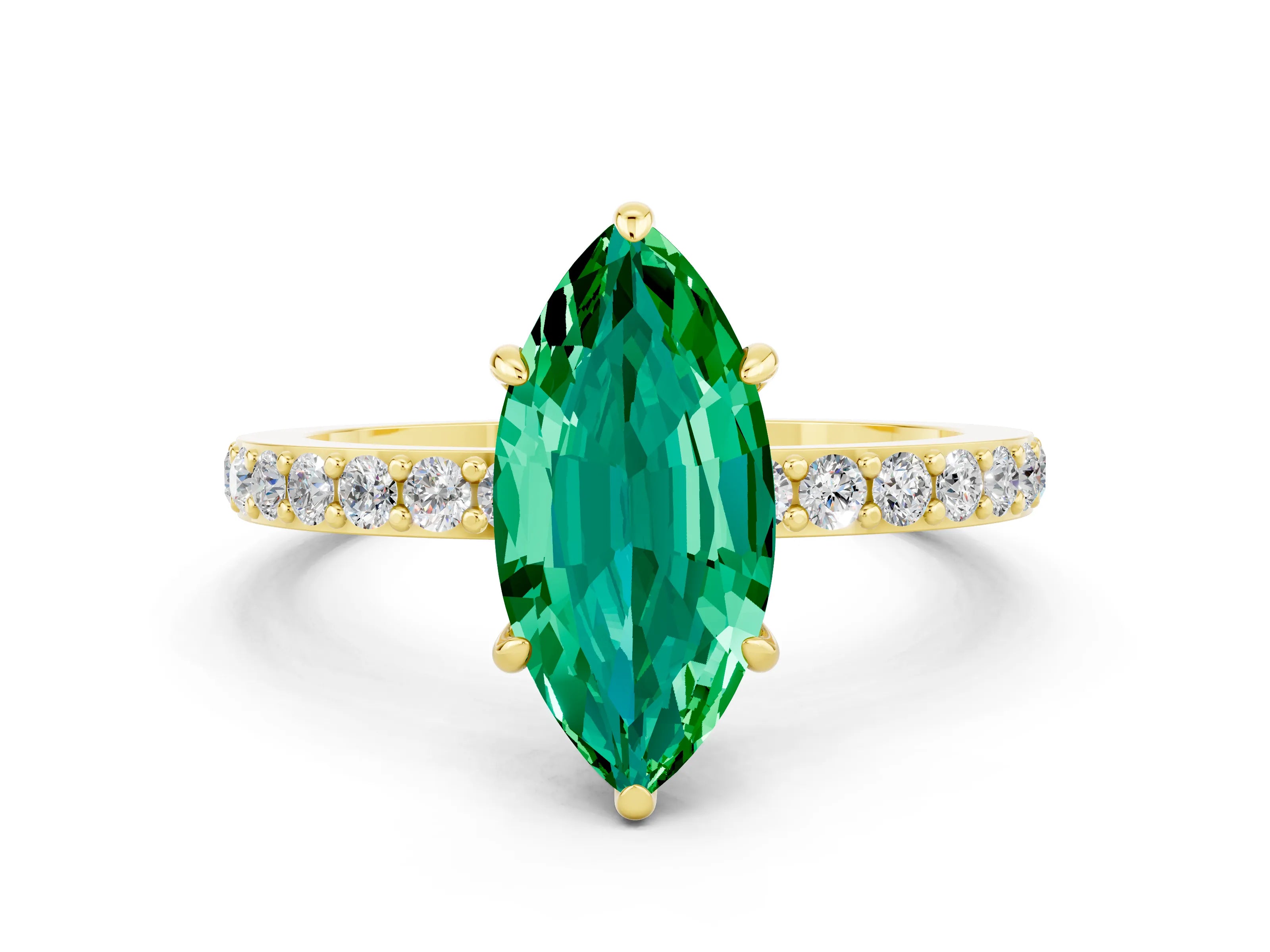 Yellow gold Marquise Cut Emerald Ring with Pavé Band and Four-Prong Setting