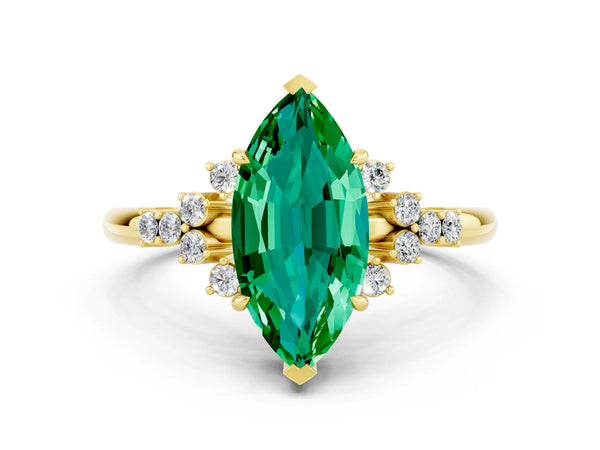 18K Yellow Gold Emerald Ring with Side Stones and Four-Prong Setting