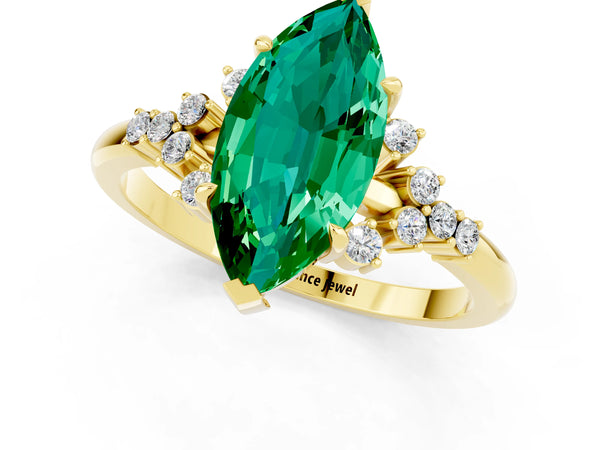 18K Yellow Gold Emerald Ring with Side Stones and Four-Prong Setting