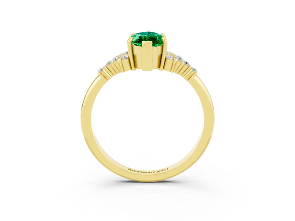 18K Yellow Gold Emerald Ring with Side Stones and Four-Prong Setting