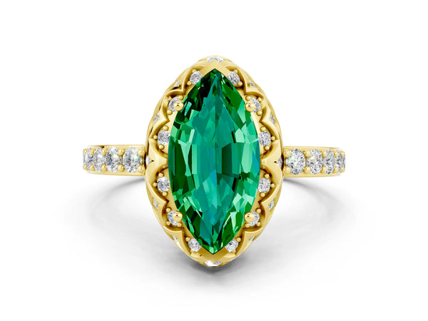 Yellow gold Marquise Cut Emerald Scalloped Halo Engagement Ring with Round Shared Prong Band