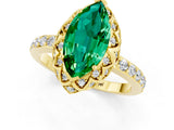 Yellow gold Marquise Cut Emerald Scalloped Halo Engagement Ring with Round Shared Prong Band_13