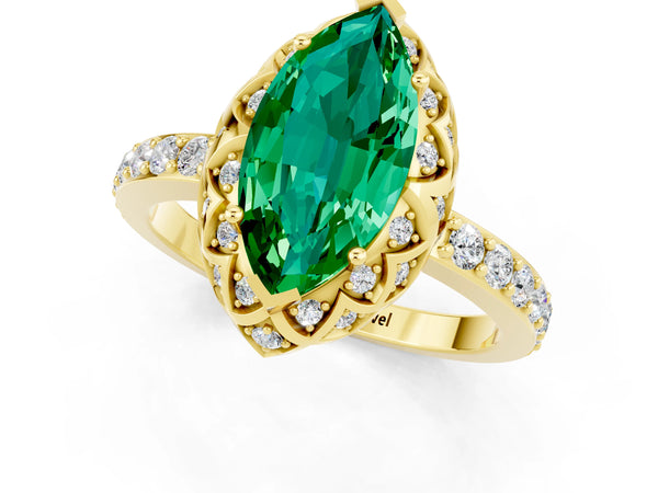 Yellow gold Marquise Cut Emerald Scalloped Halo Engagement Ring with Round Shared Prong Band
