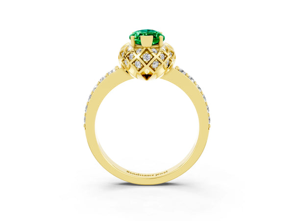 Yellow gold Marquise Cut Emerald Scalloped Halo Engagement Ring with Round Shared Prong Band