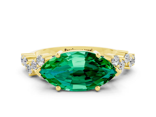 Yellow gold Marquise Cut Emerald Scattered Round Accent Ring with Prong Setting