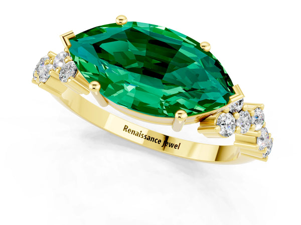 Yellow gold Marquise Cut Emerald Scattered Round Accent Ring with Prong Setting