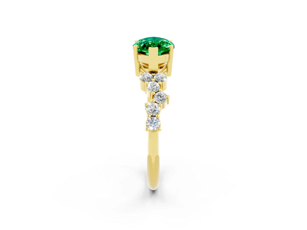 Yellow gold Marquise Cut Emerald Scattered Round Accent Ring with Prong Setting