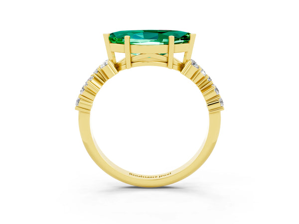 Yellow gold Marquise Cut Emerald Scattered Round Accent Ring with Prong Setting