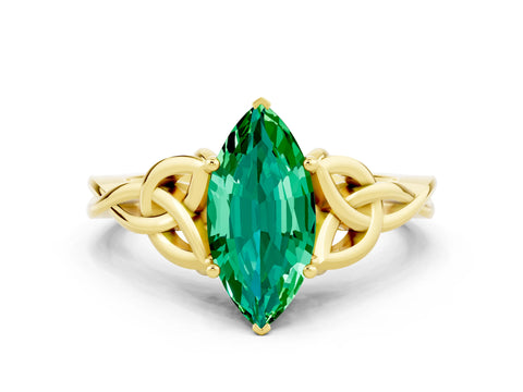 Yellow gold Marquise Cut Emerald Solitaire Celtic Knot Ring with Four-Prong Setting_12