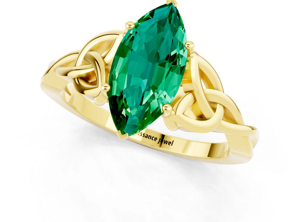 Yellow gold Marquise Cut Emerald Solitaire Celtic Knot Ring with Four-Prong Setting
