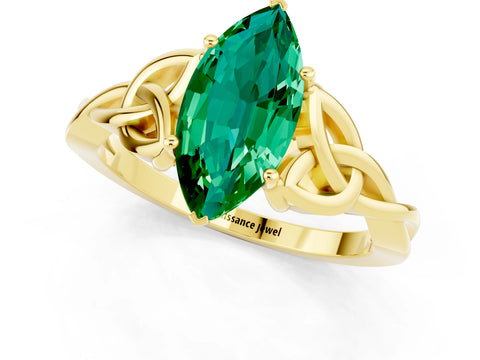 Yellow gold Marquise Cut Emerald Solitaire Celtic Knot Ring with Four-Prong Setting_13