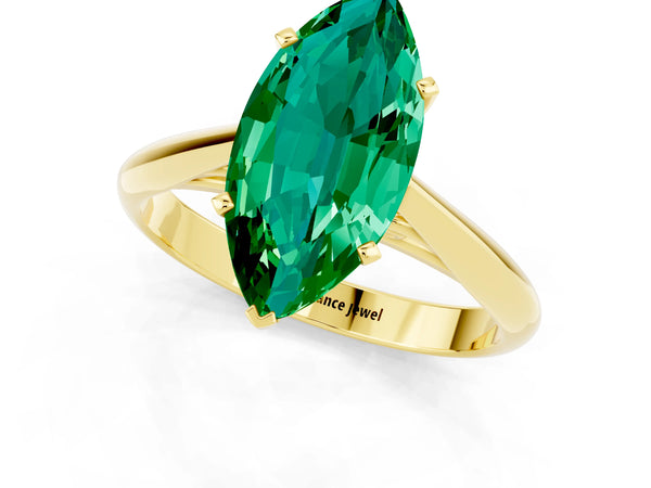 Yellow gold Marquise Cut Emerald Solitaire Engagement Ring with Cathedral Setting and Four-Prong Mount