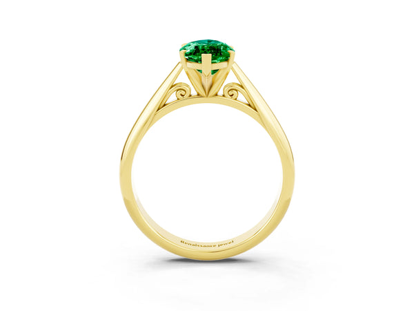 Yellow gold Marquise Cut Emerald Solitaire Engagement Ring with Cathedral Setting and Four-Prong Mount