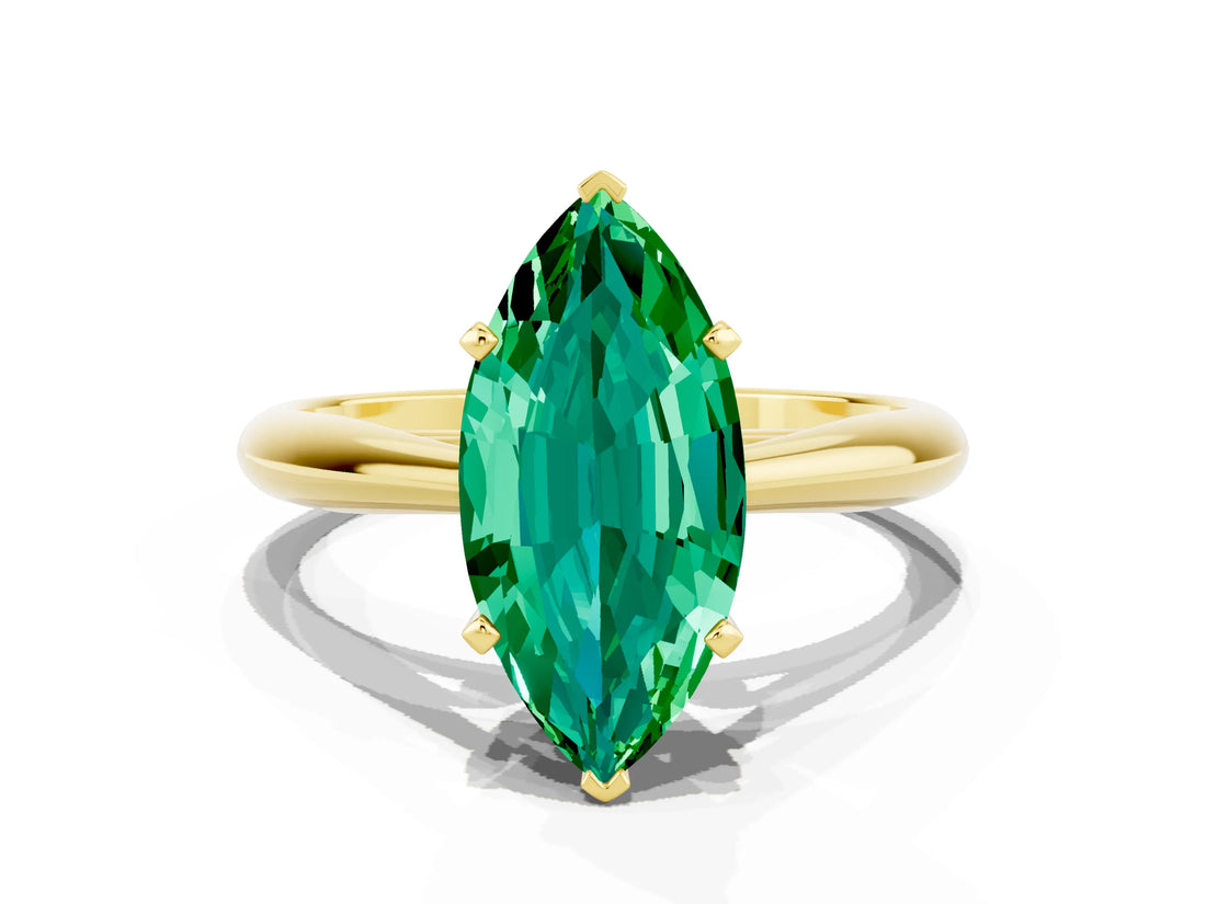 Yellow gold Marquise Cut Emerald Solitaire Engagement Ring with Cathedral Setting and Four-Prong Mount_66
