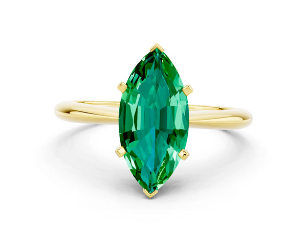 Yellow gold Marquise Cut Emerald Solitaire Engagement Ring with Classic Band and Four-Prong Setting
