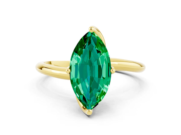 Yellow gold Marquise Cut Emerald Solitaire Engagement Ring with Four-Prong Setting and Classic Band