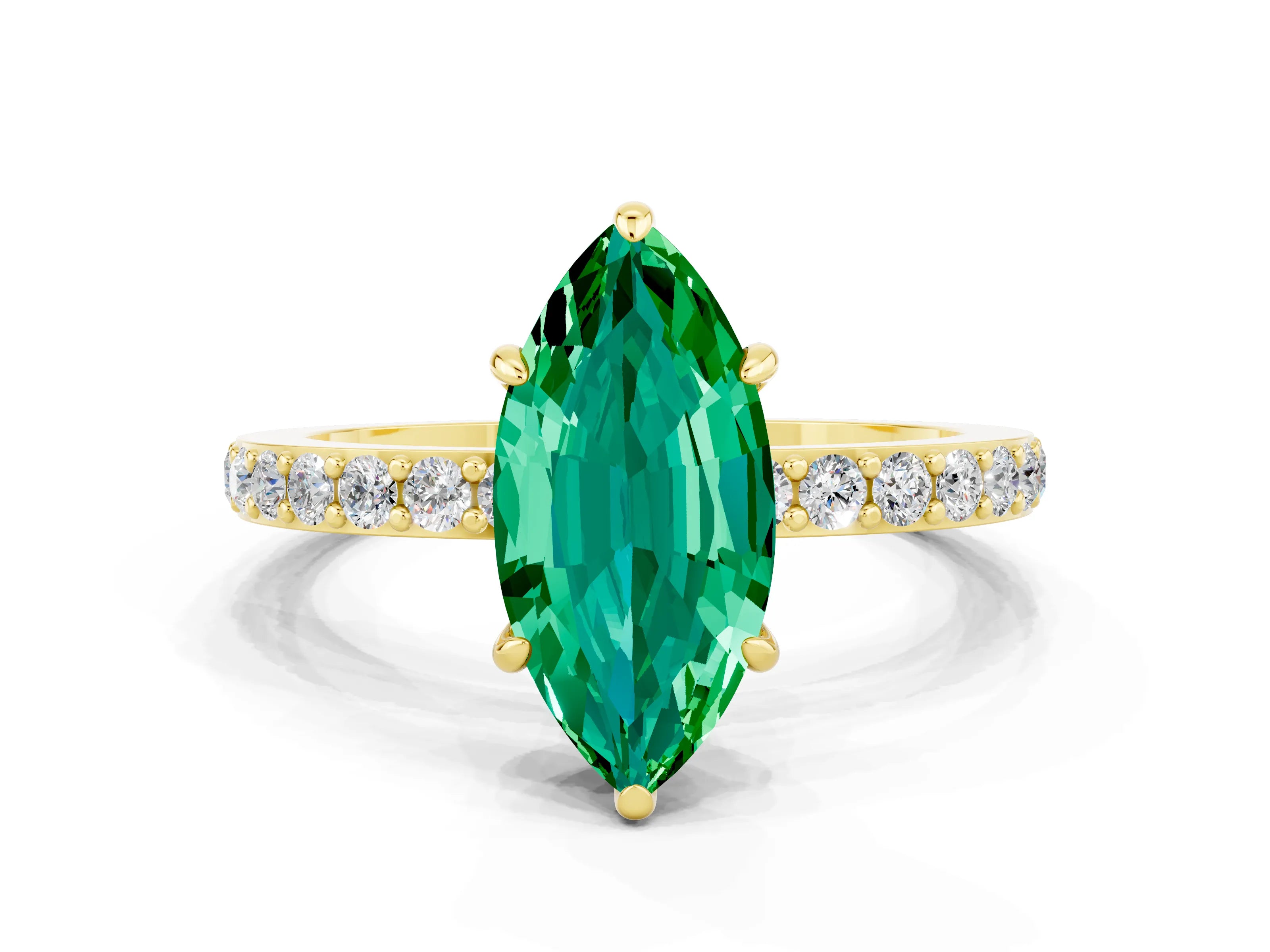 Yellow gold Marquise Cut Emerald Solitaire Engagement Ring with Pavé Band and Four-Prong Setting