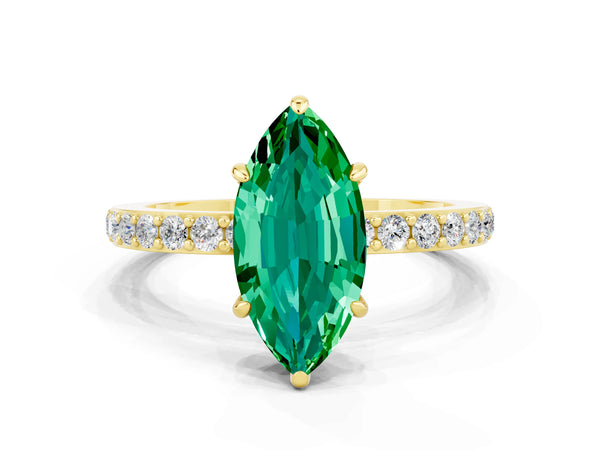 Yellow gold Marquise Cut Emerald Solitaire Engagement Ring with Pavé Band and Four-Prong Setting