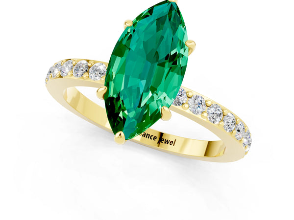 Yellow gold Marquise Cut Emerald Solitaire Engagement Ring with Pavé Band and Four-Prong Setting