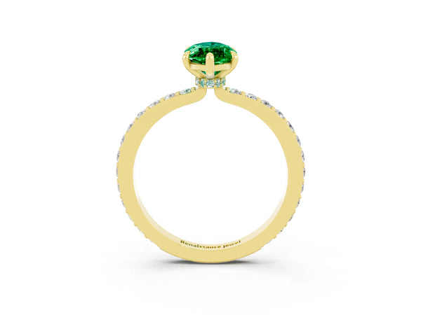 Yellow gold Marquise Cut Emerald Solitaire Engagement Ring with Pavé Band and Four-Prong Setting