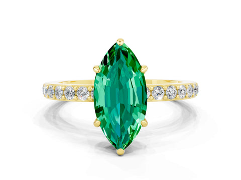 Yellow gold Marquise Cut Emerald Solitaire Engagement Ring with Pavé Band and Four-Prong Setting
