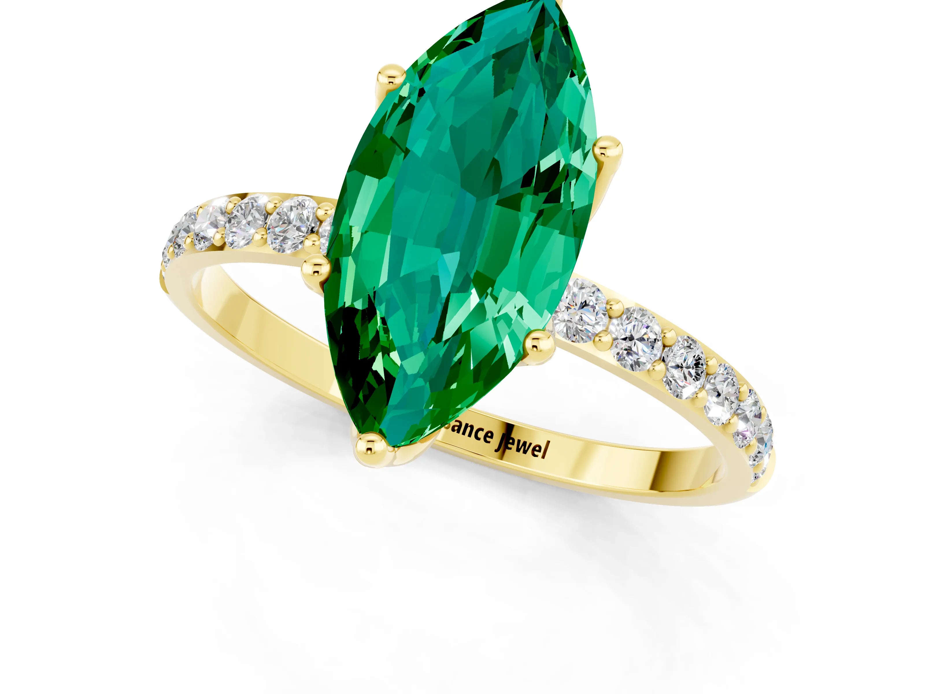Yellow gold Marquise Cut Emerald Solitaire Engagement Ring with Pavé Band and Prong Setting_1