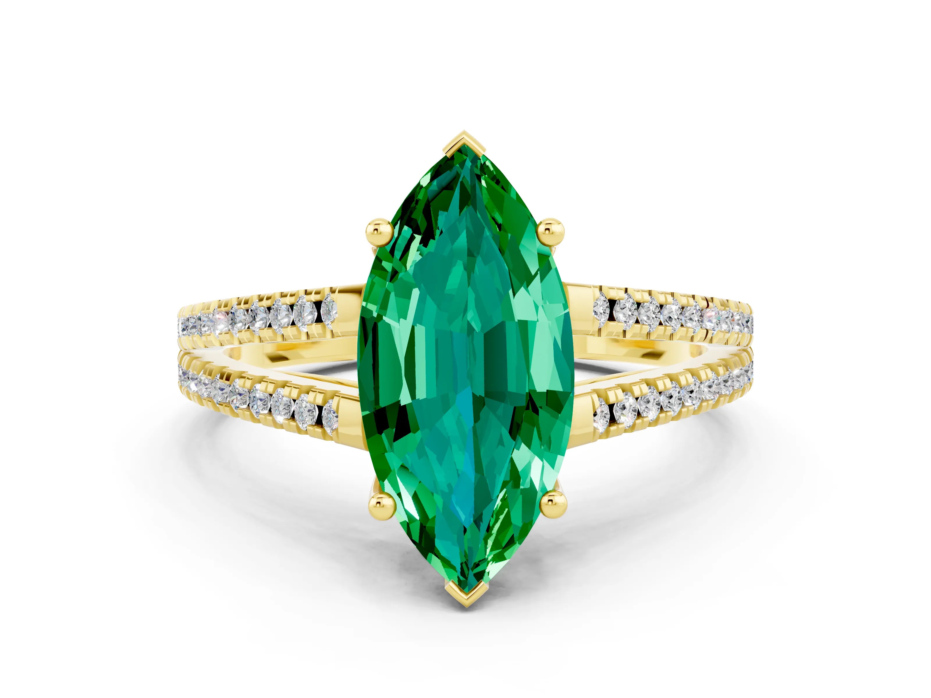 Yellow gold Marquise Cut Emerald Solitaire Engagement Ring with Split Shank Pavé Band