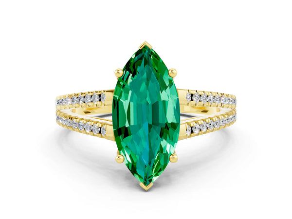 Yellow gold Marquise Cut Emerald Solitaire Engagement Ring with Split Shank Pavé Band