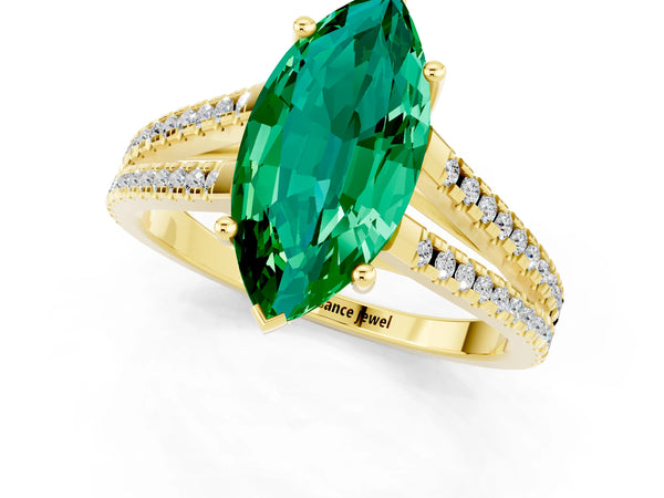 Yellow gold Marquise Cut Emerald Solitaire Engagement Ring with Split Shank Pavé Band