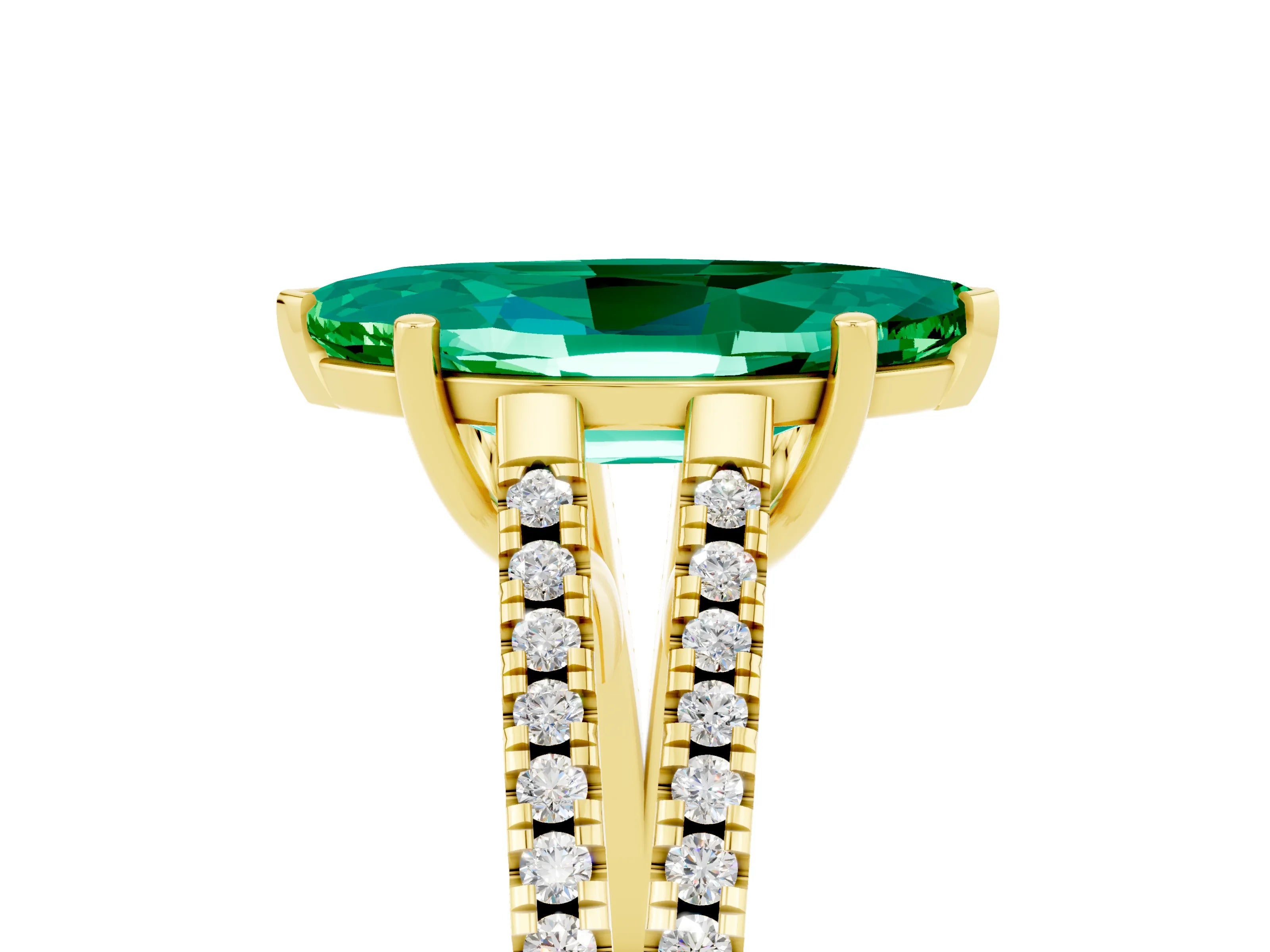 Yellow gold Marquise Cut Emerald Solitaire Engagement Ring with Split Shank Pavé Band_5