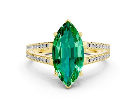 Yellow gold Marquise Cut Emerald Solitaire Engagement Ring with Split Shank Pavé Band