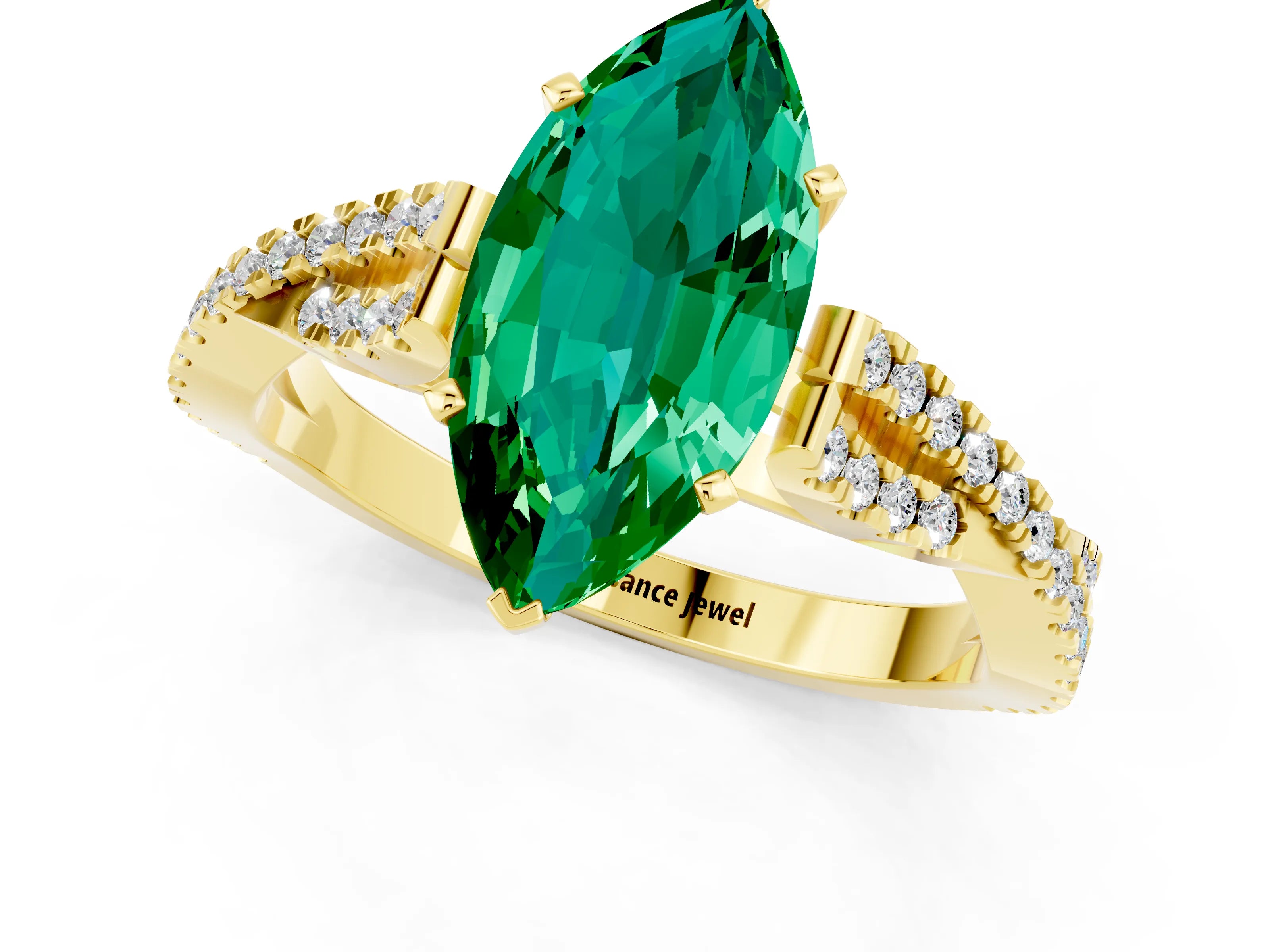 Yellow gold Marquise Cut Emerald Solitaire Engagement Ring with Twisted Pavé Band and Four-Prong Setting_1