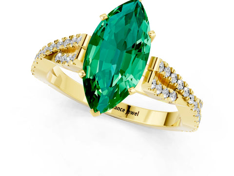 Yellow gold Marquise Cut Emerald Solitaire Engagement Ring with Twisted Pavé Band and Four-Prong Setting_1